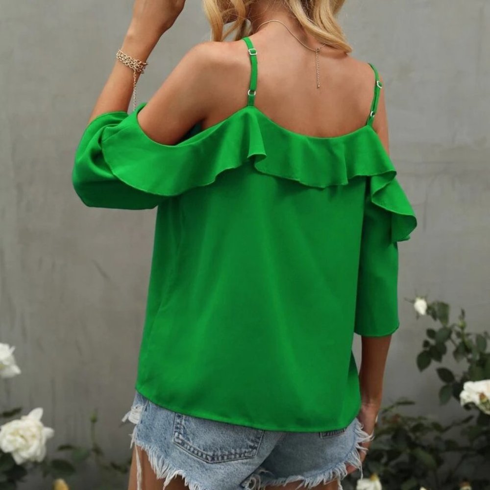 Boho Green Ruffle Detail Cold Shoulder Blouse top casual - Picture 2 of 5